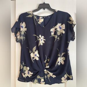West Kei Navy Blue Floral Short Sleeve Tie Front Blouse